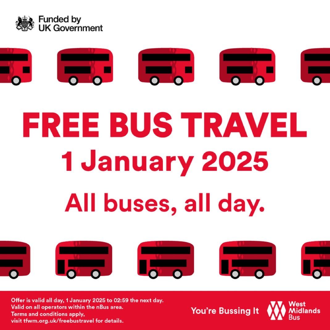 Big news from Transport for West Midlands. You can travel for free across the West Midlands on 1 January by bus. 
Why not have an adventure on New Year's Day? 

Check routes and times before you travel at buff.ly/49dlmSA