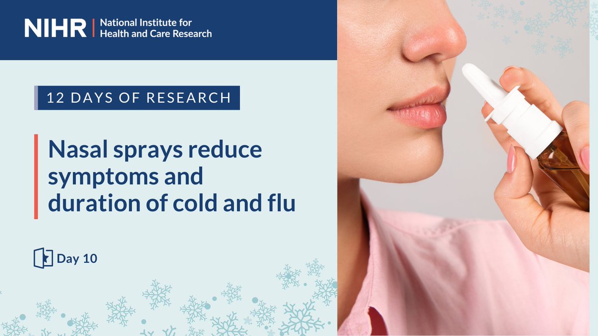NIHRresearch's tweet photo. #12DaysOfResearch | Day 🔟: An NIHR-funded study found in July that over-the-counter nasal sprays are effective at reducing the symptoms and duration of flu and colds in at-risk patients. They could also reduce antibiotic use 🤧
The study was led by @unisouthampton in collaboration with @BristolUni and supported by @ARC_West and @HPRU_BSE.
Read more ➡️ https://t.co/yCJ5OfVXAZ