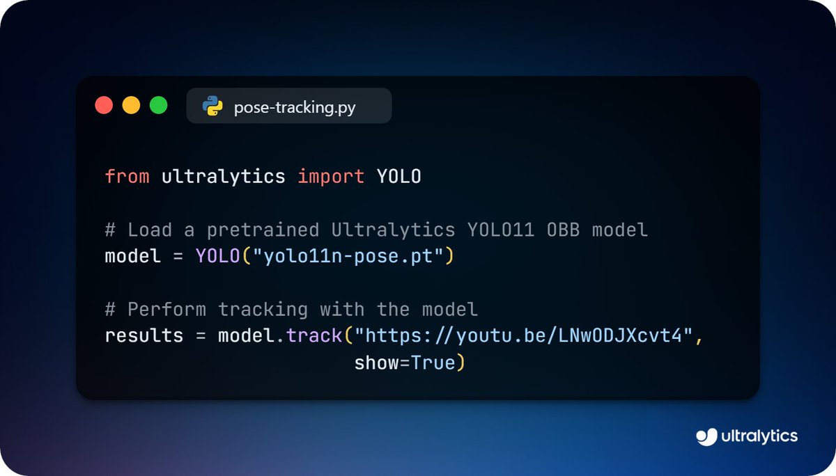 ultralytics's tweet image. Perform pose estimation with Ultralytics YOLO11, enhanced with object tracking! 🕺

Track and analyze poses in real time. It&apos;s perfect for applications in sports, fitness, and surveillance.

Learn more ➡️ ow.ly/aqfo50U52bV

#YOLO11 #PoseEstimation #ObjectTracking #AI