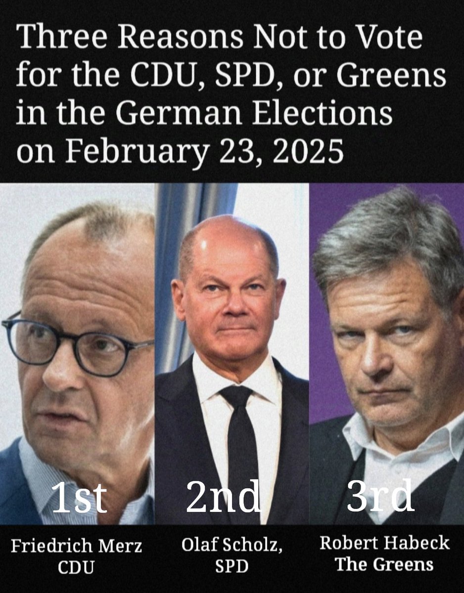 Drei Gründe, bei den Bundestagswahlen weder CDU, SPD noch die Grünen zu wählen:

1. Friedrich Merz (CDU)
2. Olaf Scholz (SPD)
3. Robert Habeck (Bündnis 90/Die Grünen)