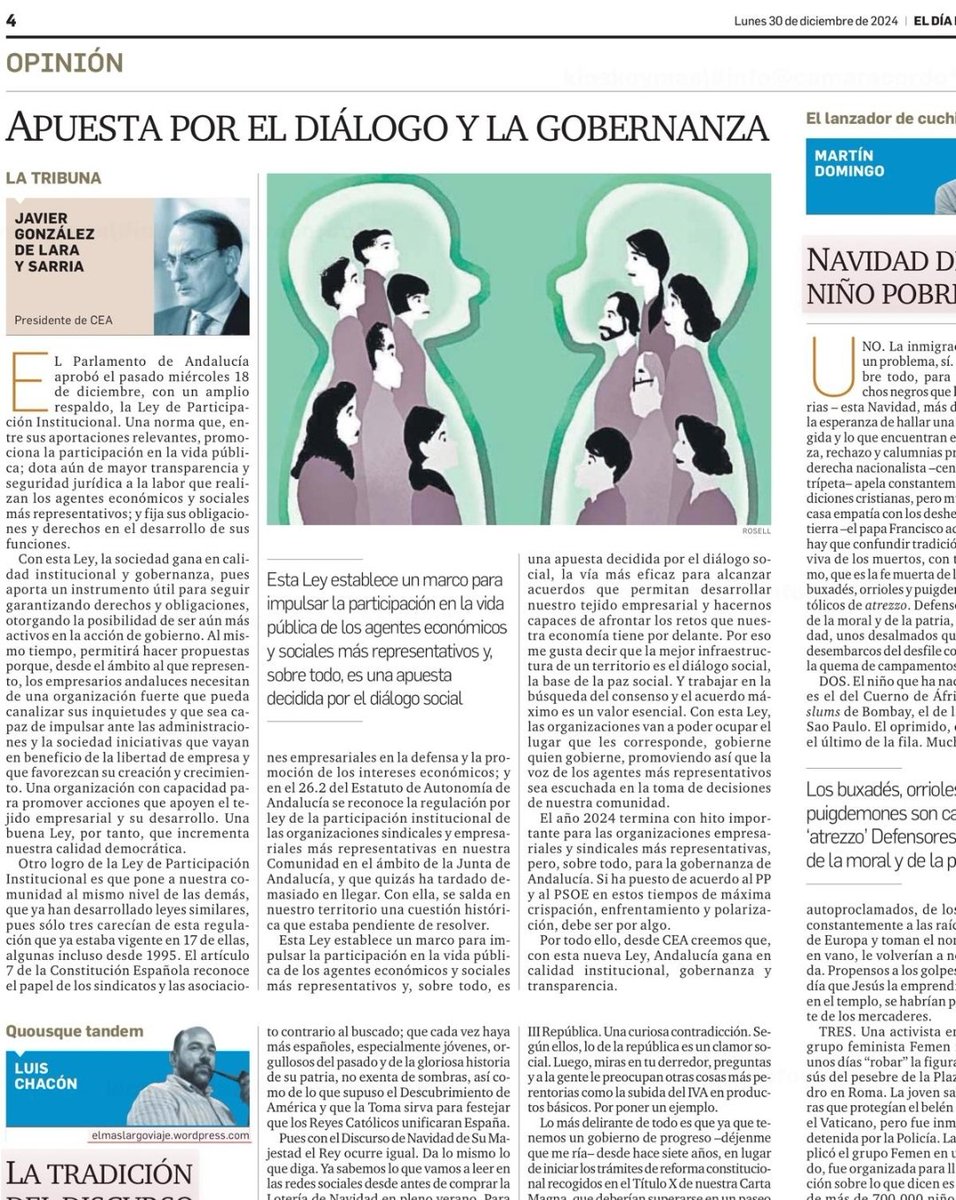CEA (@ceaes_) on Twitter photo 📍Hoy en los diarios del <a href="/grupojoly/">Grupo Joly</a> 👉 Javier González de Lara, presidente de CEA 👉 sobre la Ley de Participación Institucional.
✒️"Apuesta por el diálogo y la gobernanza"
diariodesevilla.es/opinion/tribun… 📍Hoy en los diarios del <a href="/grupojoly/">Grupo Joly</a> 👉 Javier González de Lara, presidente de CEA 👉 sobre la Ley de Participación Institucional.
✒️"Apuesta por el diálogo y la gobernanza"
diariodesevilla.es/opinion/tribun…