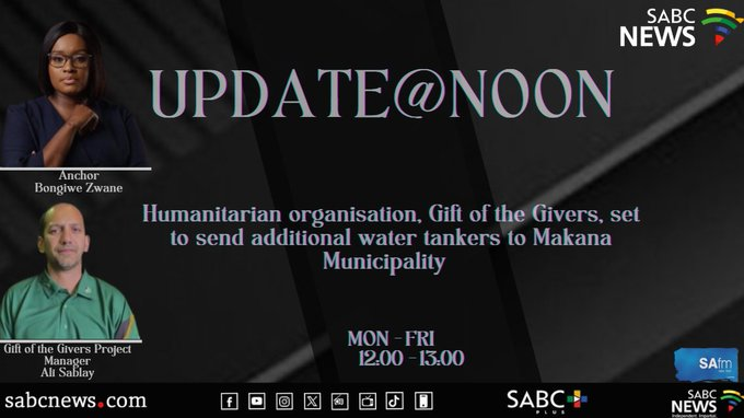 SABCNews_Radio's tweet photo. [COMING UP] The residents of Makana, in the Eastern Cape province, reportedly spent #ChristmasDay2024 without water,  as the town continues to experience water-shedding. 

Tune into #UpdateAtNoon on @SAfmRadio now for more on this and other #SABCNews top stories. https://t.co/VYSVmcACCP