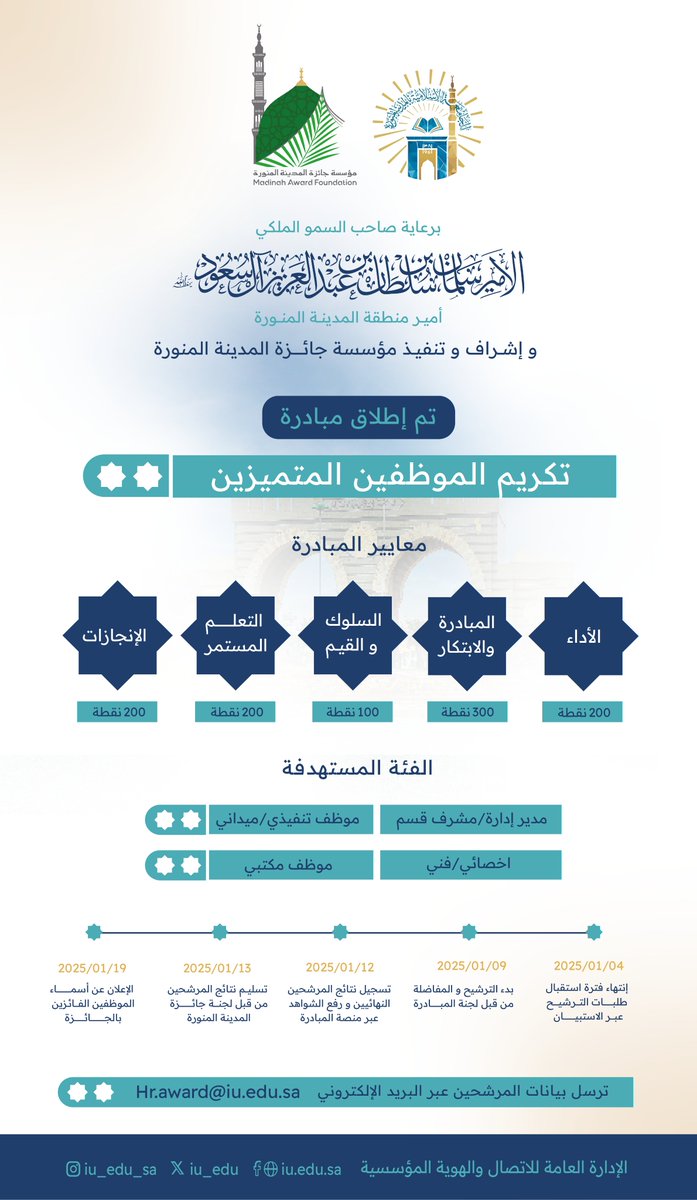برعاية صاحب السمو الملكي الأمير سلمان بن سلطان بن عبدالعزيز آل سعود، أمير منطقة المدينة المنورة، تم إطلاق مبادرة تكريم الموظفين المتميزين تقديراً لجهودهم وإنجازاتهم، والتي تشرف عليها وتنفذها مؤسسة جائزة المدينة المنورة.

للتقديم: Hr.award@iu.edu.sa
