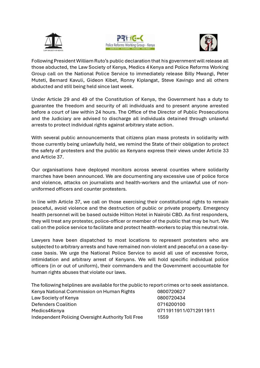 Police Reforms Working Group - Kenya (@reformsgroup) on Twitter photo Joint statement with <a href="/LawSocietyofKe/">Law Society of Kenya</a> and <a href="/MedicsForKenya/">Medics For Kenya 🇰🇪</a> on #EndAbductionsKE protests. We demand the release of all abductees and urge the National Police Service to avoid all use of excessive force, intimidation, and arbitrary arrests of Kenyans. Joint statement with <a href="/LawSocietyofKe/">Law Society of Kenya</a> and <a href="/MedicsForKenya/">Medics For Kenya 🇰🇪</a> on #EndAbductionsKE protests. We demand the release of all abductees and urge the National Police Service to avoid all use of excessive force, intimidation, and arbitrary arrests of Kenyans.