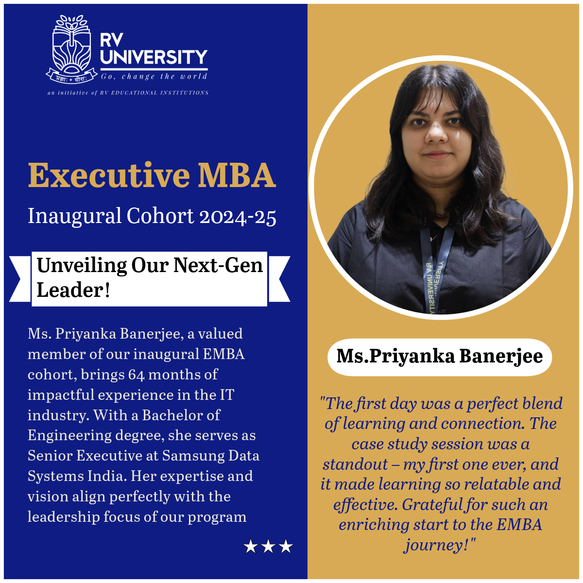 MineRVaXLead's tweet image. Meet Ms. Priyanka Banerjee, Senior Executive at Samsung Data Systems India and part of our inaugural EMBA cohort 2024-25. With 64 months of IT experience, she’s set to elevate her leadership journey!
@RVUniversity_ @Dwari1008 #Priyankabanerjee