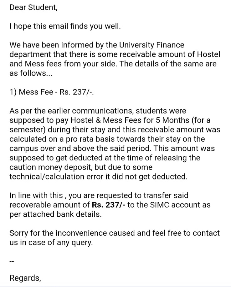 Nolan Pinto (@nolanentreeo) on Twitter photo Rs. 12 Lakh fees for 2-year Masters at <a href="/symbiosistweets/">Symbiosis International (Deemed University)</a> and they send the student a mail saying there was a calculation error while returning the deposit so to pay them Rs. 237 back!
2 years later... Rs. 12 Lakh fees for 2-year Masters at <a href="/symbiosistweets/">Symbiosis International (Deemed University)</a> and they send the student a mail saying there was a calculation error while returning the deposit so to pay them Rs. 237 back!
2 years later...
