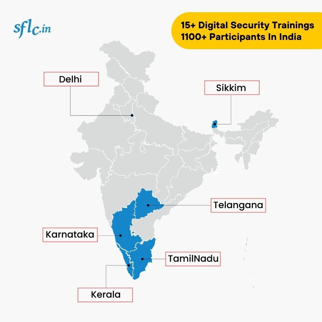 SFLCin's tweet image. With your help, we conducted 15+ #DigitalSecurityTraining across India and beyond in 2024 and trained more 1100 individuals.

We provided essential pro-bono DST, empowering individuals, and groups like lawyers, journalists, and students.

#CyberSecurityAwareness
