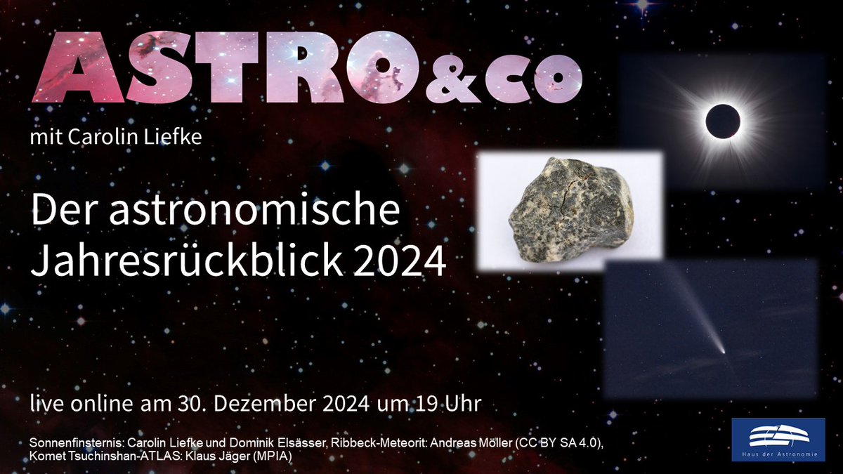 Haus der Astronomie 💫 (@hdastro) on Twitter photo 2024 hatte einiges zu bieten: eine totale Sonnenfinsternis, den Kometen Tsuchinshan-ATLAS und jede Menge Polarlichter. Heute Abend um 19 Uhr könnt ihr mit <a href="/astrophysikerin/">Carolin Liefke @astrophysikerin@scicomm.xyz</a> bei Astro & Co einen Blick zurück auf die Astronomie-Highlights des Jahres werfen!
youtube.com/watch?v=HIWxIs… 2024 hatte einiges zu bieten: eine totale Sonnenfinsternis, den Kometen Tsuchinshan-ATLAS und jede Menge Polarlichter. Heute Abend um 19 Uhr könnt ihr mit <a href="/astrophysikerin/">Carolin Liefke @astrophysikerin@scicomm.xyz</a> bei Astro & Co einen Blick zurück auf die Astronomie-Highlights des Jahres werfen!
youtube.com/watch?v=HIWxIs…