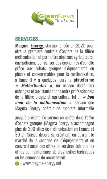 WORDCOM Consulting (@wordcomconsult) on Twitter photo #Biogaz #EnergieVerte
"<a href="/MagmaEnergyRen/">MAGMA Energy®</a>, #startup fondée en 2020 pour être la première centrale d'achats de la filière #méthanisation... a lancé il y a quelques jours la plateforme "Métha'Ventes"..." via #Green News Techo
cc <a href="/TechnopoleAube/">Technopole de l'Aube en Champagne</a>, <a href="/tgahamanyi/">Thierry Gahamanyi</a> #Biogaz #EnergieVerte
"<a href="/MagmaEnergyRen/">MAGMA Energy®</a>, #startup fondée en 2020 pour être la première centrale d'achats de la filière #méthanisation... a lancé il y a quelques jours la plateforme "Métha'Ventes"..." via #Green News Techo
cc <a href="/TechnopoleAube/">Technopole de l'Aube en Champagne</a>, <a href="/tgahamanyi/">Thierry Gahamanyi</a>