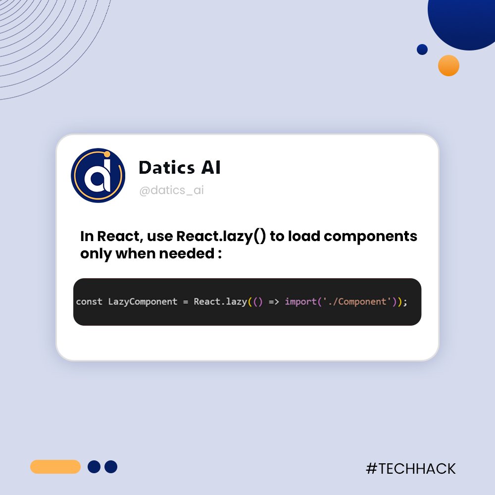 datics_ai's tweet image. ⏱️ 𝐒𝐩𝐞𝐞𝐝 𝐮𝐩 𝐲𝐨𝐮𝐫 𝐰𝐞𝐛 𝐚𝐩𝐩 𝐰𝐢𝐭𝐡 𝐥𝐚𝐳𝐲 𝐥𝐨𝐚𝐝𝐢𝐧𝐠!
This minimizes initial load time and boosts performance. 🚀
Which performance hack saved your day recently? 𝐂𝐨𝐦𝐦𝐞𝐧𝐭 𝐛𝐞𝐥𝐨𝐰!
#Codetime #webapps #daticsai #lifeatdatics #performance