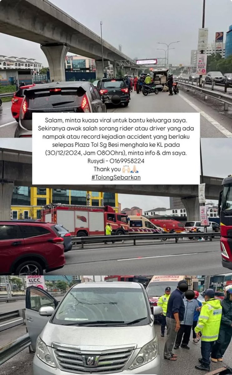 syhrhrhys's tweet photo. ‼️HELP NEEDED
Kalau ada sesiapa yg lalu Plaza Tol Sg Besi pagi tadi (30/12/2024; around 8am) dan ada nampak/record kejadian accident, please please DM me or contact the number below - my cousin is severely injured due to this incident. 

PLEASE RT 🙏🏼🙏🏼 https://t.co/B05yjKSh4T