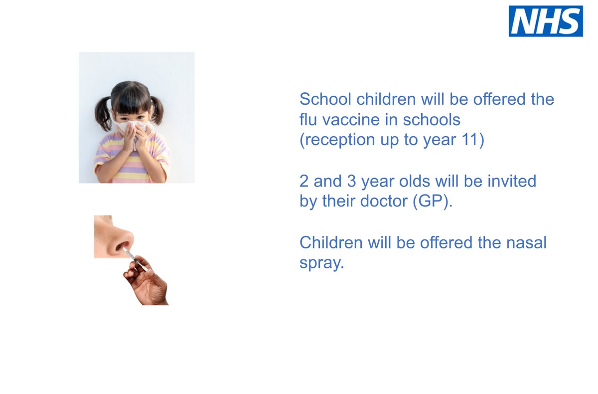 School age children will be offered the #FluVaccine at school from reception up to year 11. 2 and 3 year olds can get it from their doctor (GP). Most children will be offered the vaccine as a spray up the nose. Read more about the flu vaccine for children. nhs.uk/conditions/vac…