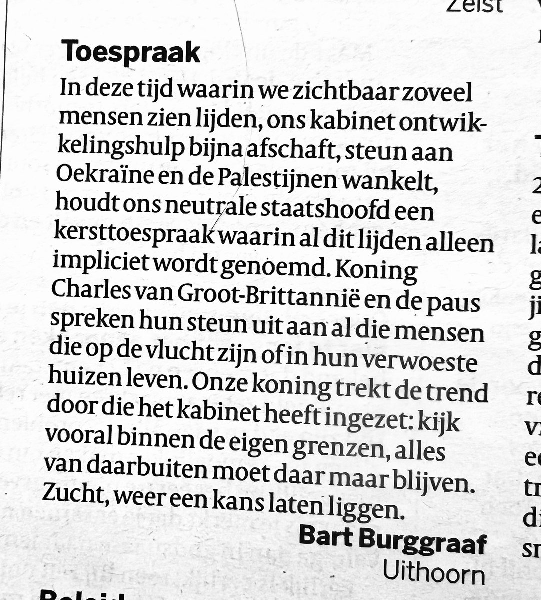 Eens met Bart Burggraaf in Volkskrant, over de kersttoespraak van de koning. 
Mijn samenvatting: een toespraak van onze koude gevoelloze egocentrische regering, voor de koude gevoelloze egocentrische burgers die erop stemmen.