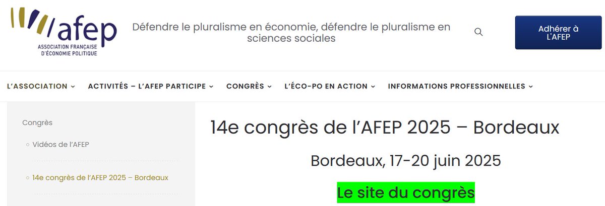 Benjamin Bürbaumer (@burbaumerb) on Twitter photo Le prochain congrès de <a href="/AFEP_EcoPo/">Association Française d'Economie Politique</a> aura lieu à Bordeaux🤗On attends vos propositions de papier avec impatience !
Voici l'appel, qui met l'accent sur les reconfigurations mondiales du capitalisme (tout en restant ouvert à une grande variété de thématiques): afep2025.sciencesconf.org/?lang=fr Le prochain congrès de <a href="/AFEP_EcoPo/">Association Française d'Economie Politique</a> aura lieu à Bordeaux🤗On attends vos propositions de papier avec impatience !
Voici l'appel, qui met l'accent sur les reconfigurations mondiales du capitalisme (tout en restant ouvert à une grande variété de thématiques): afep2025.sciencesconf.org/?lang=fr