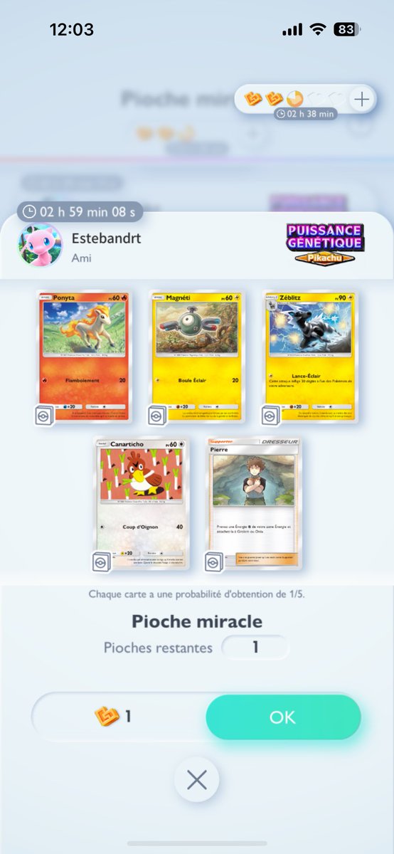 Examinateur3's tweet photo. @estebandrt7 @PokemonTCGP_FR Mauvaise pioche sur les 2 https://t.co/jg7D2tXtts réessayerai plus tard quand tes pioches auront disparu. 
Bonne journée frérot https://t.co/YkROo2k3ph