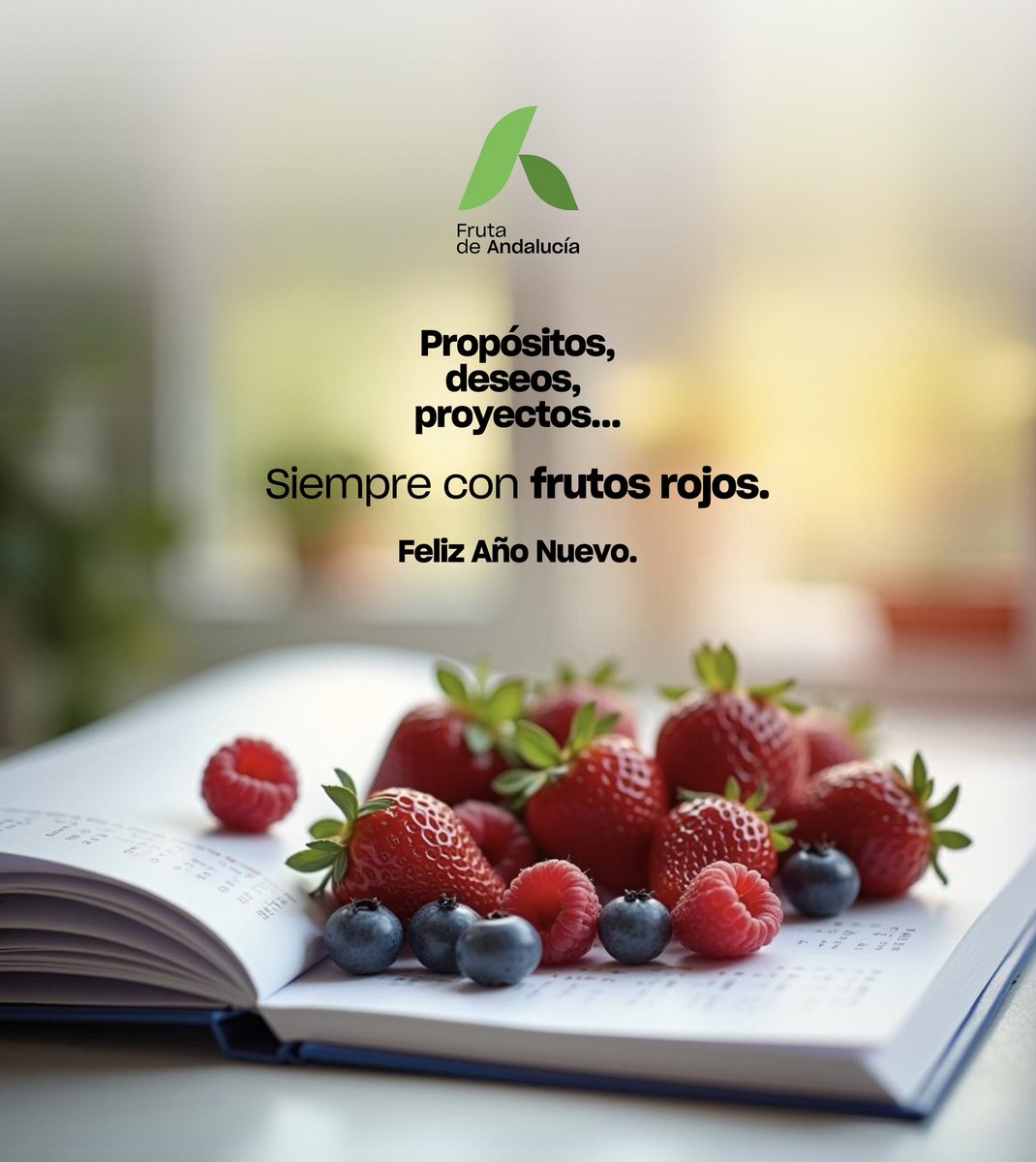 FrutaAndalucia's tweet photo. Todos los buenos propósitos, los deseos y los nuevos proyectos te saldrán bien, seguro. 

Que lo nuevo llegue siempre con #FrutosRojos 🍓🫐

FRUTA DE ANDALUCÍA te desea Feliz Año Nuevo. https://t.co/WH27YfCtU4