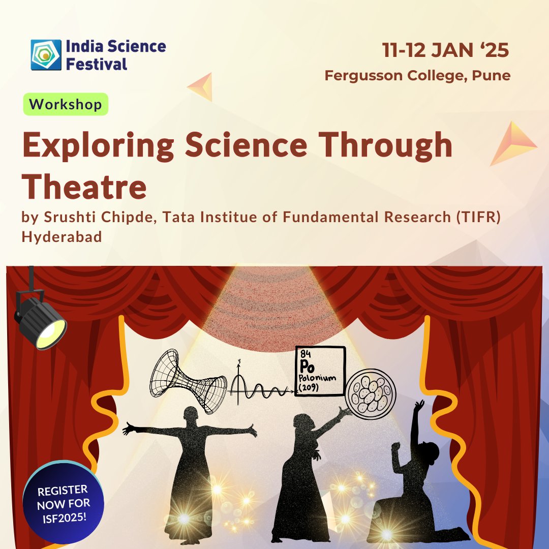 India Science Festival (@indscifest) on Twitter photo Join Srushti Chipde and Aaheli Shee Burman from <a href="/TIFRH_buzz/">TIFR Hyderabad</a> for the workshop “Enacting science” at #ISF2025. The participants will experience how complex scientific topics can be effectively communicated through the art of theatre!
Limited slots!
(docs.google.com/forms/d/e/1FAI…) Join Srushti Chipde and Aaheli Shee Burman from <a href="/TIFRH_buzz/">TIFR Hyderabad</a> for the workshop “Enacting science” at #ISF2025. The participants will experience how complex scientific topics can be effectively communicated through the art of theatre!
Limited slots!
(docs.google.com/forms/d/e/1FAI…)