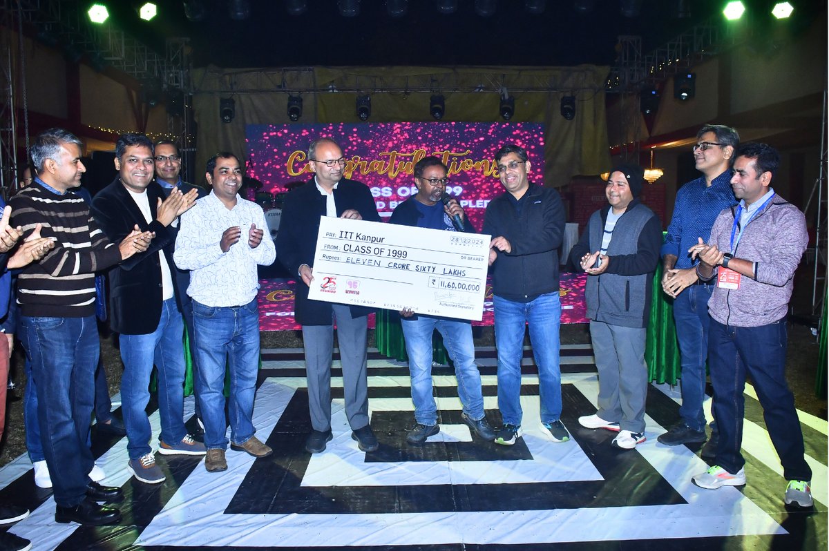 IITKanpur's tweet photo. IIT Kanpur Alumni Make History: Class of 1999 Pledges Rs. 11.6 Crore at Silver Jubilee Reunion !

This generous contribution underscores the alumni's dedication to IIT Kanpur’s growth by supporting key initiatives that enhance infrastructure, advance research, and foster academic excellence, further solidifying the institute’s leadership in technological innovation.

The reunion brought together over 180 alumni and their families from around the world, offering them an opportunity to reconnect and reflect on shared experiences. Throughout the three-day celebration, attendees revisited their journeys, reconnected with one another, and reaffirmed their commitment to IIT Kanpur's ongoing pursuit of excellence. 

The Silver Jubilee Reunion of the Class of 1999 was a memorable celebration, marked by nostalgia and a shared vision for the future. The pledge made by the Class of 1999 will play a key role in driving the institute’s continued growth and excellence. The institute expresses gratitude for this generous support and looks forward to continued collaboration with its alumni to shape the future of education, research, and innovation.

#LegendsofIITK #IITKanpur #IITKAlumni #reunion #nostalgia #AlmaMater #iitk