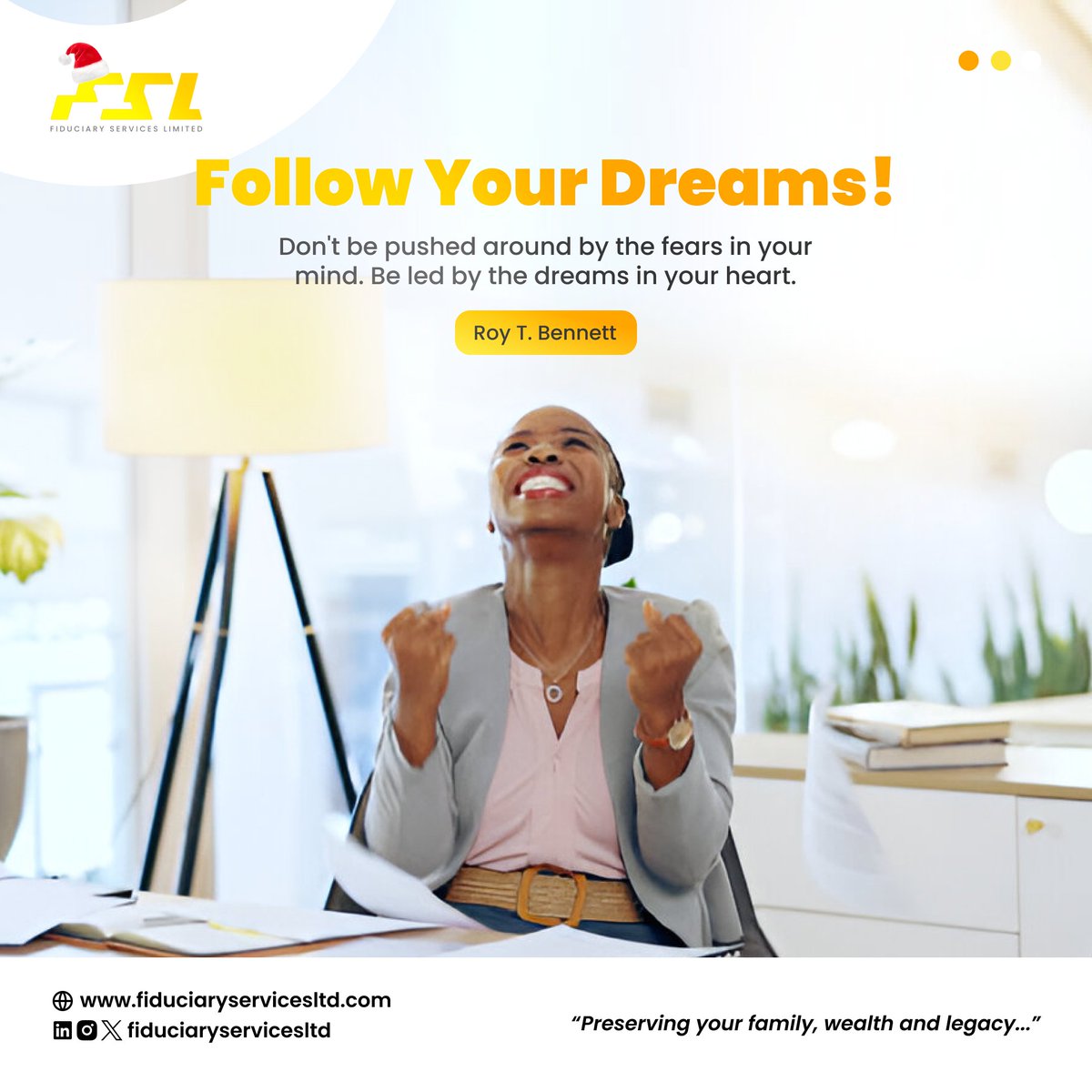 FiduciarySL's tweet image. This week, let your dreams guide your actions, and don&apos;t let the fear of failure hold you back. Remember, every bold step forward brings you closer to the extraordinary.

Dare to dream, dare to act, dare to achieve.

#MondayMotivation #FearlessDreams  #GrowthMindset #FSL