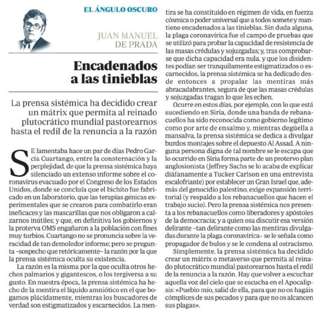 Agencia_FARO's tweet photo. Juan Manuel de Prada : «En nuestra época, la prensa sistémica ha hecho de la mentira el líquido amniótico en el que bogamos plácidamente, mientras los buscadores de verdad son estigmatizados y escarnecidos.»

https://t.co/I9qpKRK8K6 https://t.co/NSg0yu9qwZ