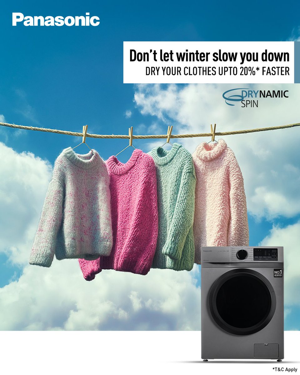 PanasonicIndia's tweet photo. Winter won’t hold you back! Dry your clothes Upto 20%* faster with Drynamic Spin for efficient, quick drying.
Shop Now: https://t.co/LuBOXCHAj2
#PanasonicIndia #DrynamicSpin #PanasonicWashingMachine https://t.co/pIOKWBzHr5