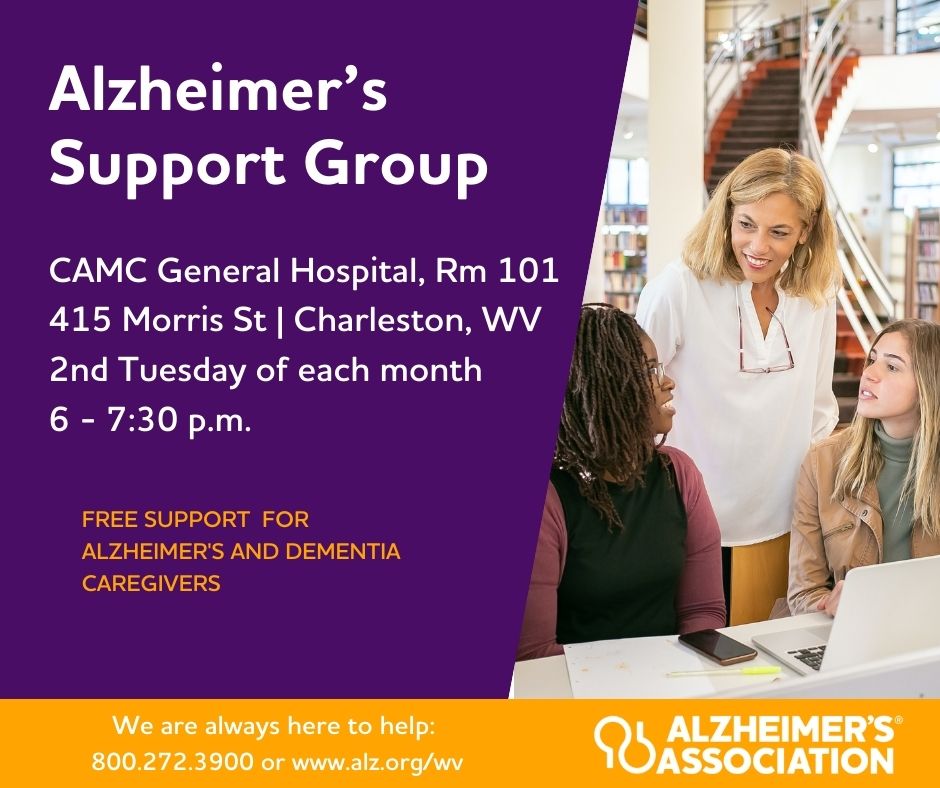 Attention, Charleston! Join us for your monthly support group, taking place at 6 pm on the 2nd Tuesday of each month at CAMC General Hospital. You don't have to go through this alone. Register at alz.org/wv and join us!  #ENDALZ