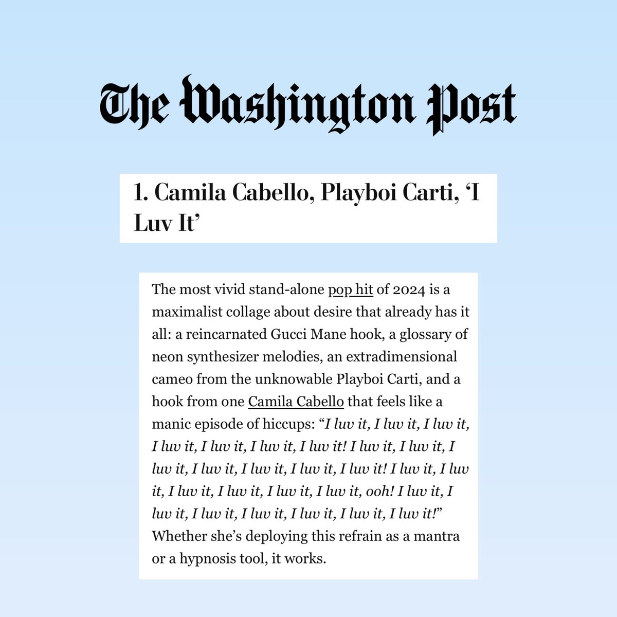 seein’ stars because <a href="/washingtonpost/">The Washington Post</a> ranked I LUV IT as the number 1 best single of 2024 🤩