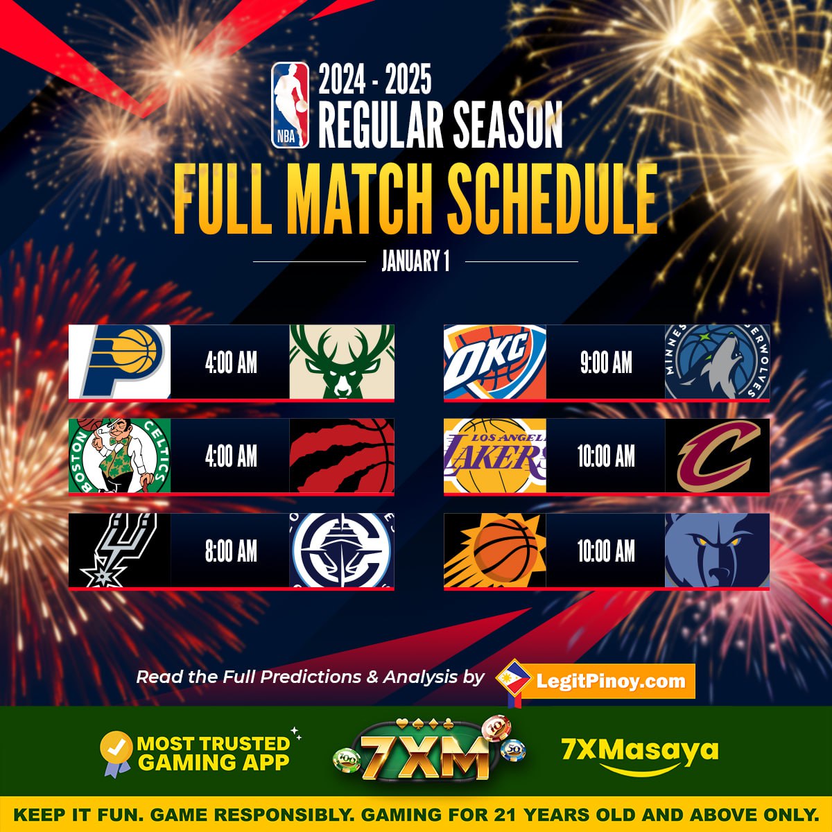 Andrei14345's tweet photo. Let’s kick off 2024 with non-stop, heart-pounding action! 💥🔥🏀

 #Pacers vs. #Wizards, 
 #Celtics vs. #TorontoRaptors, 
 #Spurs vs. #Clippers, 
 #OKC vs. #Timberwolves, 
 #Lakers vs. #Cavaliers, 
 #Suns vs. #Grizzlies

BET: https://t.co/nC8W8ngjIY https://t.co/p3gw0ol78j