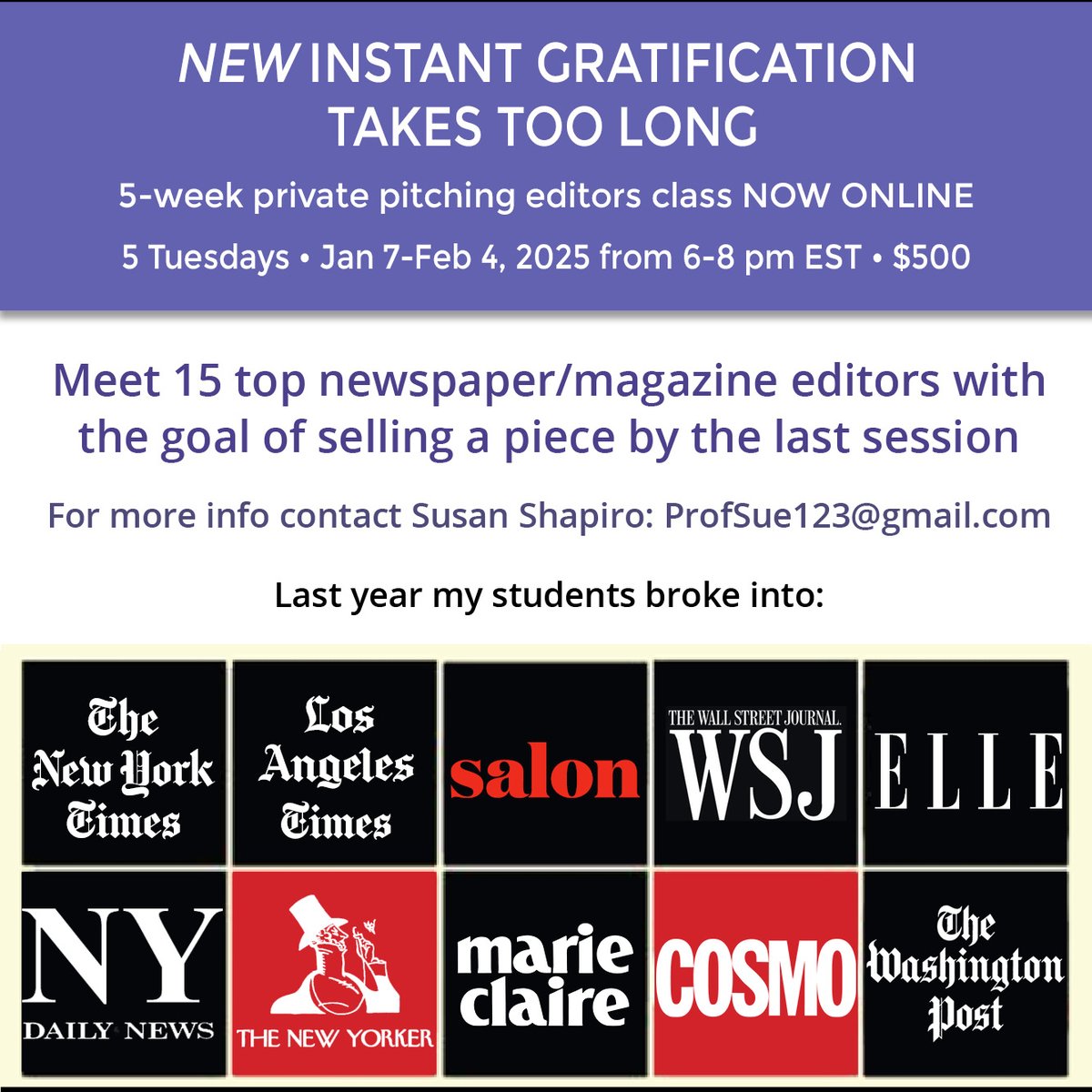 Susan Shapiro (@susanshapironet) on Twitter photo Free Monday 1/6 #zoom #writing #book #publishing panel with brilliant former student authors in all genres <a href="/zibbyowens/">Zibby Owens</a> <a href="/DrNicoleCain/">Dr. Nicole Cain, ND MA</a> <a href="/landomendiola/">Orlando Mendiola</a> <a href="/LinaZeldovich/">Lina Zeldovich</a> <a href="/TrippWhetsell/">Tripp Whetsell</a> <a href="/BanningLyon/">Banning Lyon</a> <a href="/michellejungmin/">Michelle Jungmin Bang</a> <a href="/jodimsavage/">Jodi M. Savage</a> Raj Tawney & Robert Markowitz us06web.zoom.us/.../reg.../WN_… Free Monday 1/6 #zoom #writing #book #publishing panel with brilliant former student authors in all genres <a href="/zibbyowens/">Zibby Owens</a> <a href="/DrNicoleCain/">Dr. Nicole Cain, ND MA</a> <a href="/landomendiola/">Orlando Mendiola</a> <a href="/LinaZeldovich/">Lina Zeldovich</a> <a href="/TrippWhetsell/">Tripp Whetsell</a> <a href="/BanningLyon/">Banning Lyon</a> <a href="/michellejungmin/">Michelle Jungmin Bang</a> <a href="/jodimsavage/">Jodi M. Savage</a> Raj Tawney & Robert Markowitz us06web.zoom.us/.../reg.../WN_…