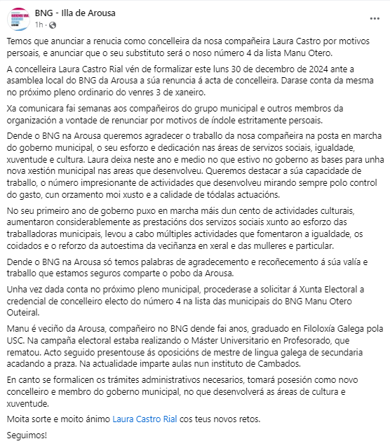 ArousaBng's tweet photo. Temos que anunciar a renuncia como concelleira da nosa compañeira Laura Castro por motivos persoais, e anunciar que o seu substituto será o noso número 4 da lista, Manu Otero. https://t.co/NgSFZEhoKF https://t.co/nO7X877hZz