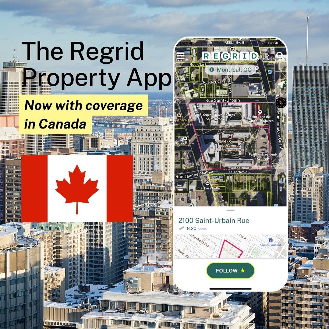 regridapp's tweet image. Need Canadian parcels? Our app now has boundaries, size, and other information available for 9M+ properties spanning all 13 provinces and territories.

Get started today, available on web and mobile - hubs.li/Q030frJK0

#CanadaParcels #LandData #GIS