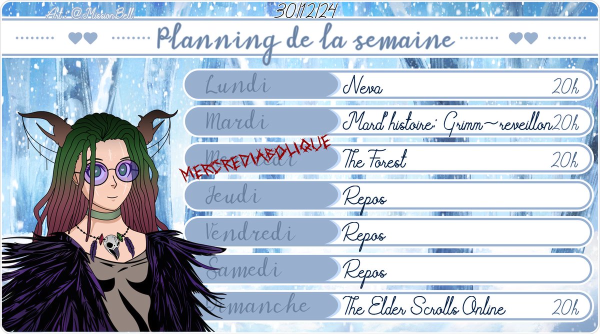 Nouveau planning! On fête le réveillon ensemble ?
Lundi: Neva🌿
Mard'histoire: Grimm pour le réveillon📗
Mercrediabolique: The forest👻
Dimanche: Estemarche sur TESO !❄️
Art: MissionBell💚