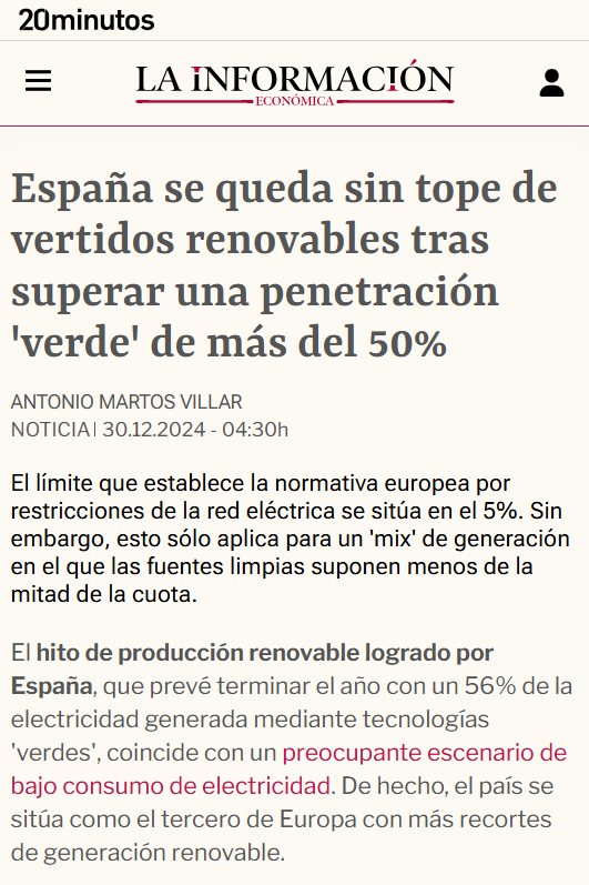 ⚠️ La paradoja energética actual: las renovables a escala especulativa sin opciones de almacenamiento y con una red de transporte saturada hacen prever un horizonte movido a partir del 2025 a cargo del contribuyente, por supuesto 🤬