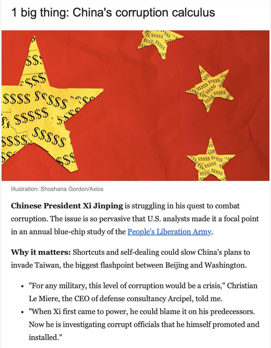Christian Le Miere (@c_lemiere) on Twitter photo My thanks to <a href="/demarest_colin/">Colin Demarest</a> for including my thoughts on what PLA corruption means for Xi Jinping.
Of the 17 men appointed to the CMC since Xi came to power, 5 have been ousted for corruption.
There is an important discussion to be had on PLA readiness and corruption. My thanks to <a href="/demarest_colin/">Colin Demarest</a> for including my thoughts on what PLA corruption means for Xi Jinping.
Of the 17 men appointed to the CMC since Xi came to power, 5 have been ousted for corruption.
There is an important discussion to be had on PLA readiness and corruption.