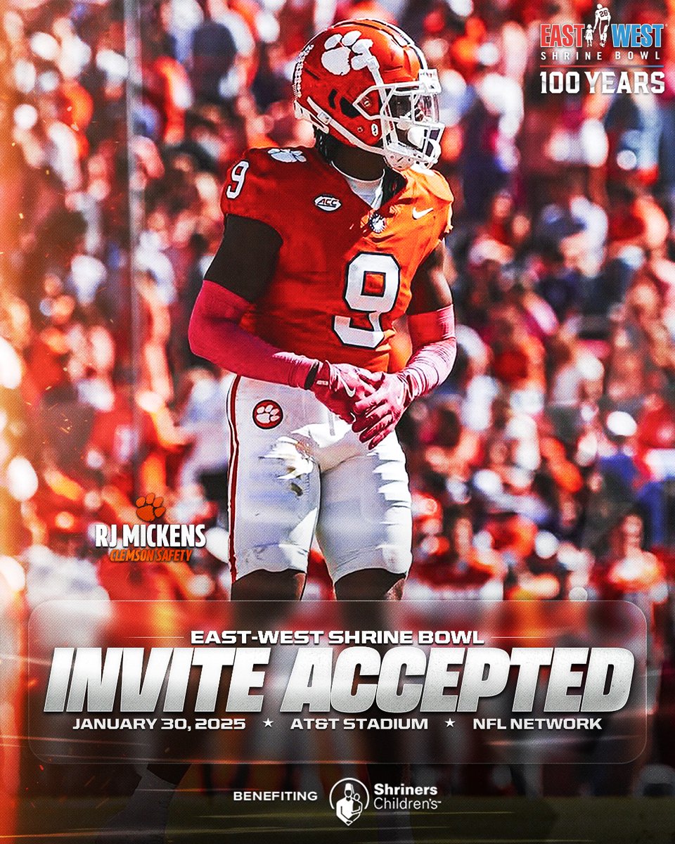 East-West Shrine Bowl (@shrinebowl) on Twitter photo All-Star π«
Safety RJ Mickens (<a href="/RjMickens10/">Rj Mickens</a>) from <a href="/ClemsonFB/">Clemson Football</a> has officially accepted his invite to the 100th East-West #ShrineBowl!
#Clemson | #ShrineBowlWHOSNEXT π All-Star π«
Safety RJ Mickens (<a href="/RjMickens10/">Rj Mickens</a>) from <a href="/ClemsonFB/">Clemson Football</a> has officially accepted his invite to the 100th East-West #ShrineBowl!
#Clemson | #ShrineBowlWHOSNEXT π