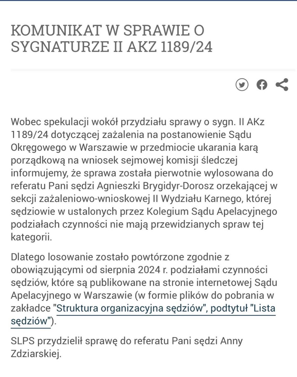Komunikat nielegalnych władz SA w Warszawie to przykład manipulacji. Brak informacji, że Pani sędzia skutecznie odwołała się od decyzji o bezprawnym przeniesieniu jej do sekcji oraz że uzurpatorzy nie respektują reguły, że Pani sędzia orzeka we wszystkich rodzajach spraw karnych.