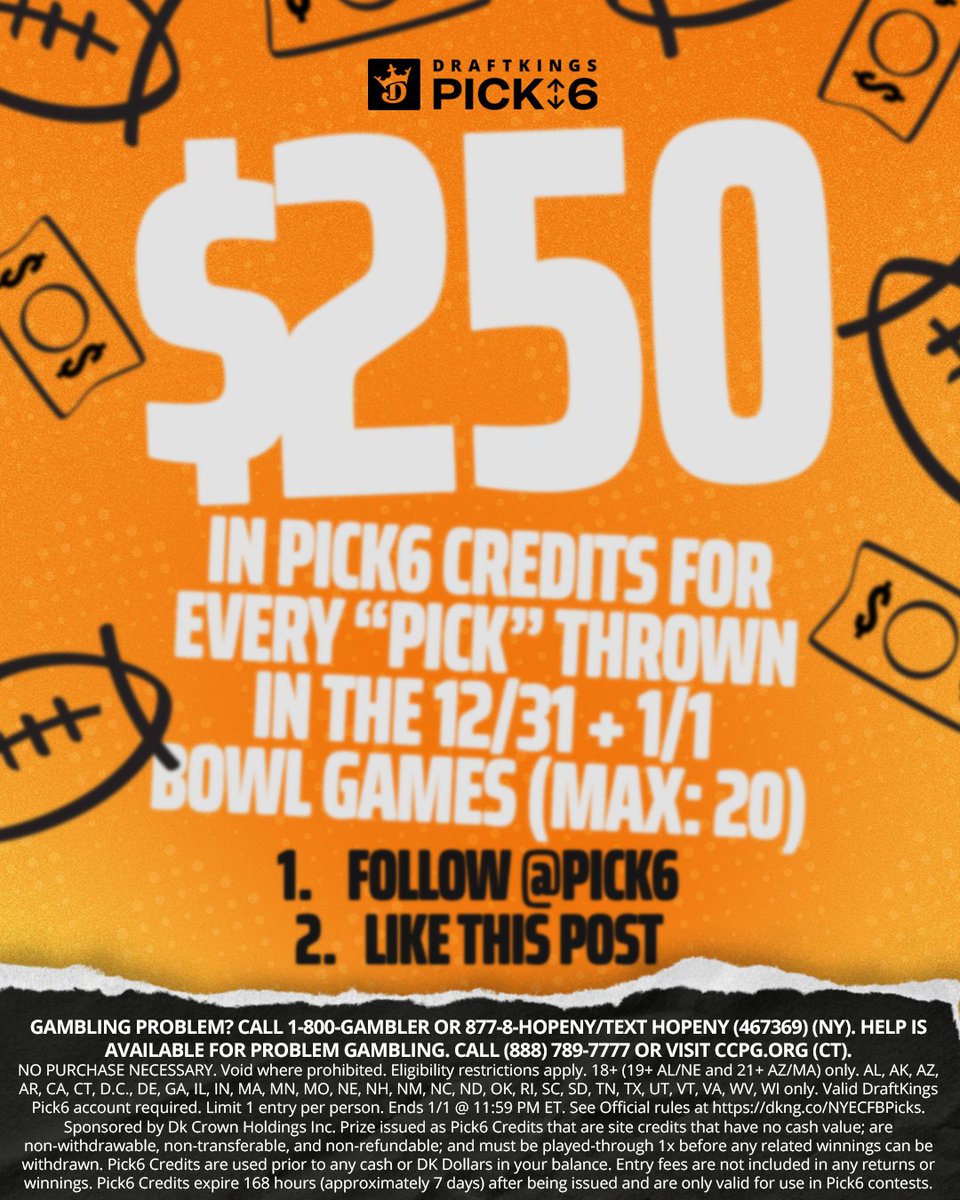 Pick6's tweet photo. ⭐️ NEW YEAR'S GIVEAWAY ⭐️

For every "pick" thrown during the NYE + NYD bowl games, we'll give out $250 in Pick6 credits. 💰

Like and follow @Pick6 to enter!

Rules: https://t.co/4ylb6pFK1y https://t.co/ERM2JOmoWb