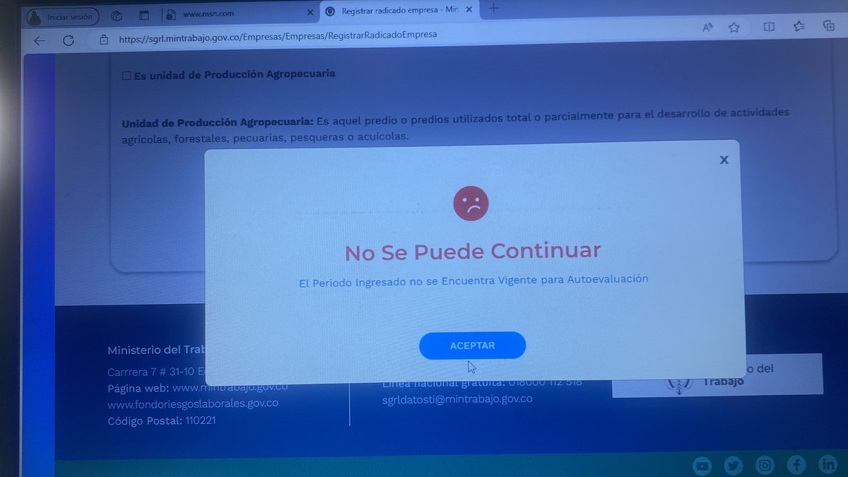NataliYina's tweet photo. @MintrabajoCol @GloriaRamirezRi 
#utoevaluacion_estandares_minimos
La pagina no me deja reportar el año 2024 y tampoco cambiar de empresa 
Que hacemos ??? https://t.co/5UNU1VB9bQ