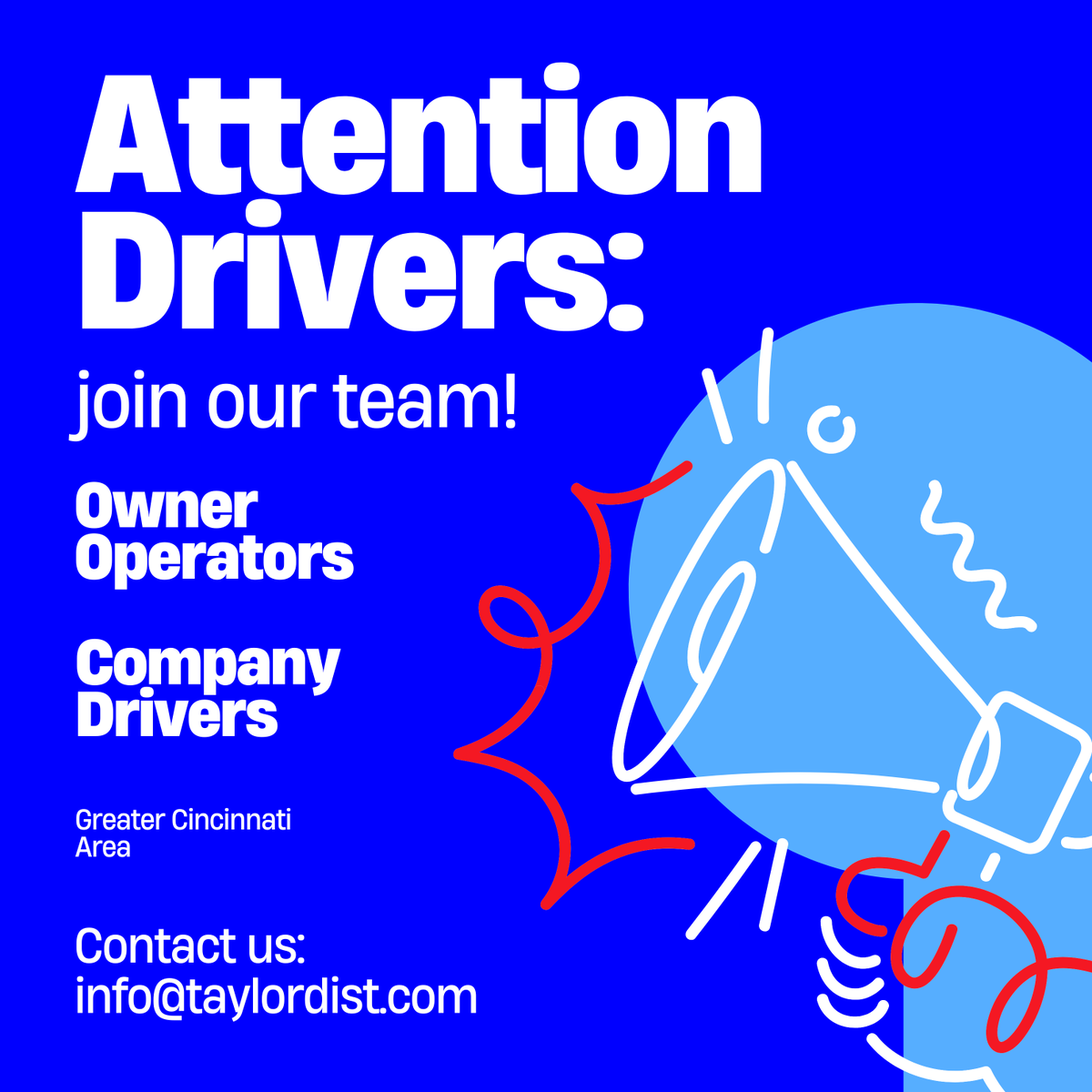 TDC1850's tweet photo. We’re looking for talented drivers to join our team in the Greater Cincinnati area! Whether you’re an owner-operator or a company driver, Taylor offers great pay, the opportunity to be home every night, and the support of a dedicated team. https://t.co/keLeV0Ib49 https://t.co/zA4sduE1wF