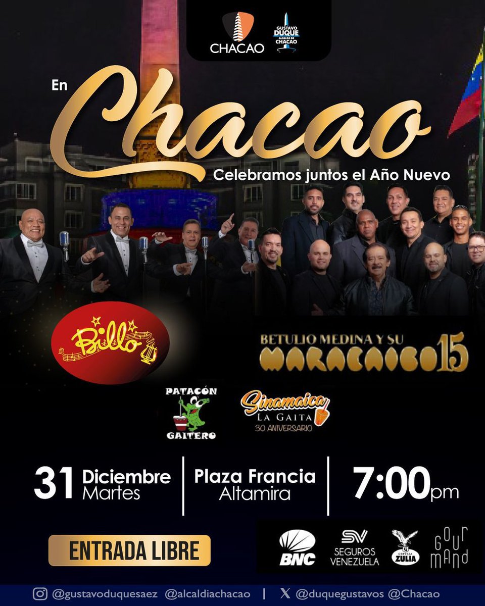 El alcalde del municipio Chacao del estado Miranda, Gustavo Duque, invitó a todos los vecinos del municipio a celebrar la llegada del nuevo año en la plaza Francia de Altamira.  

El evento contará con la presentación de agrupaciones de renombre como Maracaibo 15, Billo’s Caracas