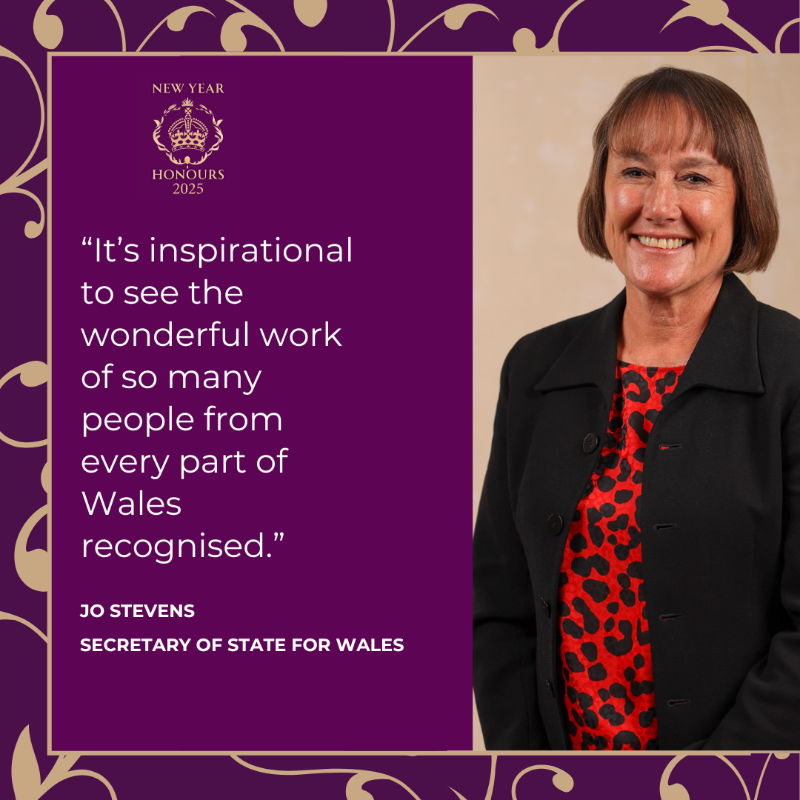 WalesOffice's tweet photo. Welsh Secretary @JoStevensLabour has congratulated everyone from Wales who has been awarded a 2025 New Year Honour 🏴󠁧󠁢󠁷󠁬󠁳󠁿