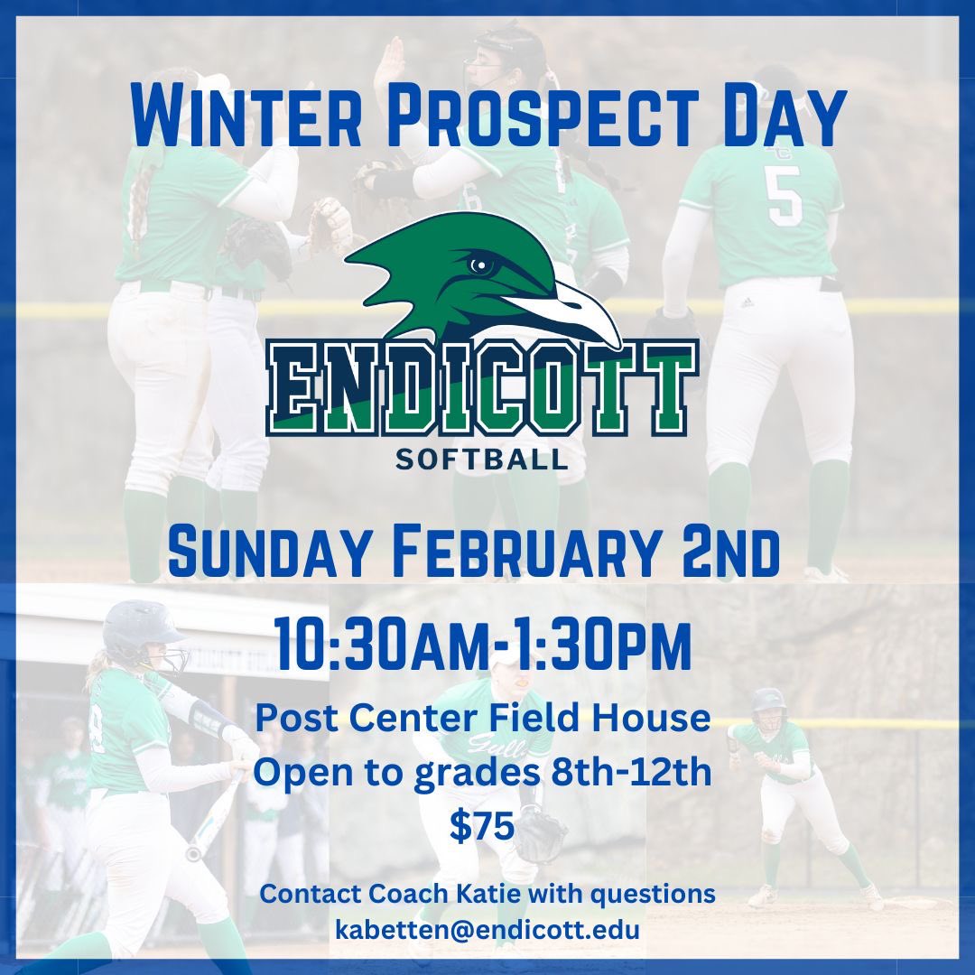 🚨Winter Prospect Day🚨

Be able to work with Endicott coaching staff and student athletes! Information session and campus tour available following the clinic!

Join us for a fun day on Sunday February 2nd!

Open to grades 8th-12th

➡️ Link to sign up: forms.gle/NVwWT436T6otRt…