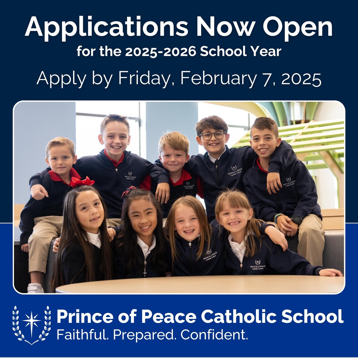 Come grow with us at Prince of Peace Catholic School! Applications are now open for rising PreK3-8th grade students for the 2025-2026 school year. The deadline to apply for priority consideration is February 7, 2025. 💙⭐️

📲 To learn more and apply, visit popschool.net/admissions