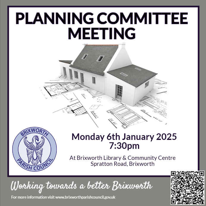 The next meeting of the Planning Committee will be held on Monday 6th January, starting at 7:30pm. The meeting will be held in the Community Centre on Spratton Road.

For the agenda, visit:

brixworthparishcouncil.gov.uk/planning-meeti…