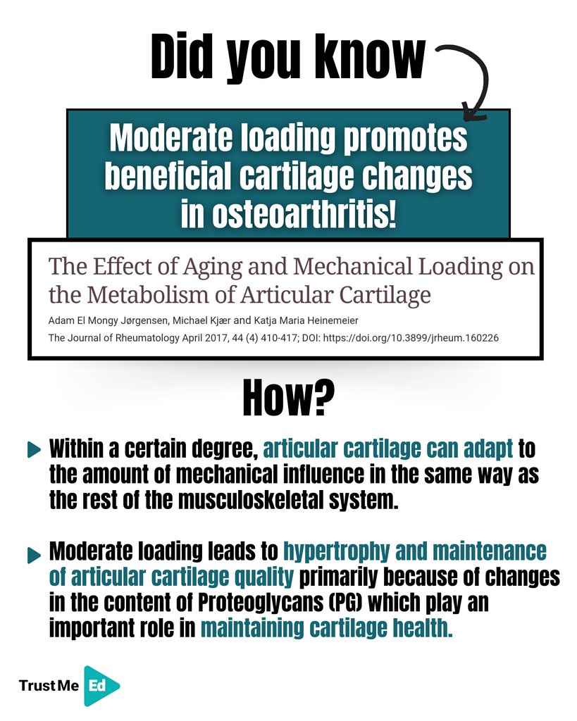 Nils Oudhuis (@trustmephysio) on Twitter photo 🦴Proteoglycan synthesis is disrupted in osteoarthritis, leading to cartilage loss.
🔬In vitro studies show that moderate loading supports articular cartilage quality by improving Proteoglycan (PG) content.
✅ Learn more on <a href="/a_bricca/">Alessio Bricca</a> new lecture:
🔗 trustme-ed.com/lectures/knee-… 🦴Proteoglycan synthesis is disrupted in osteoarthritis, leading to cartilage loss.
🔬In vitro studies show that moderate loading supports articular cartilage quality by improving Proteoglycan (PG) content.
✅ Learn more on <a href="/a_bricca/">Alessio Bricca</a> new lecture:
🔗 trustme-ed.com/lectures/knee-…