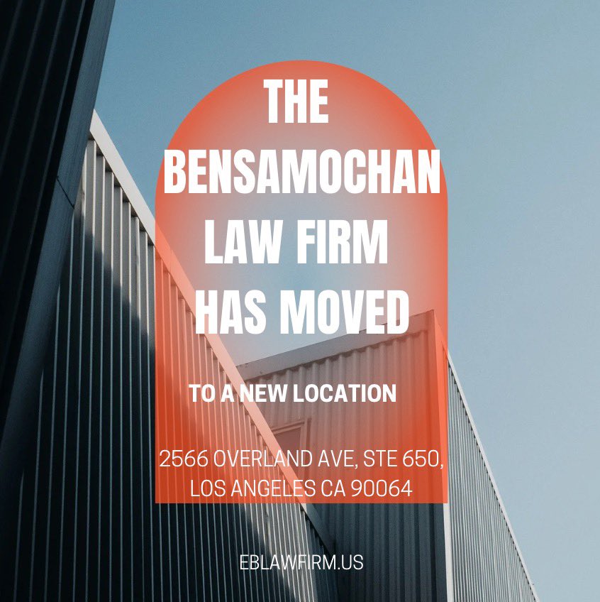 🚨 Exciting News! 🚨
The Bensamochan Law Firm has moved to a new location! 🏢
📍 2566 Overland Ave, Ste 650, Los Angeles, CA 90064
We’re ready to continue serving you at our new home. Visit us or check out our website for more details: eblawfirm.us 💼✨