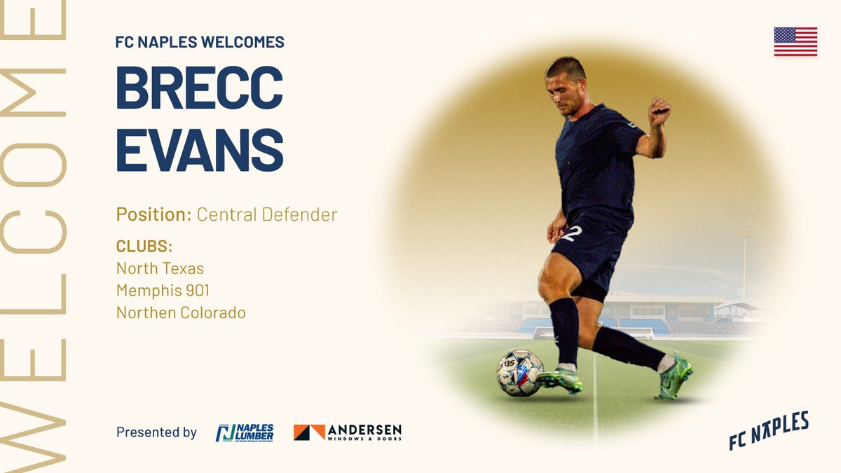 FC Naples (@fcnaples_) on Twitter photo Meet Brecc Evans: the defender with a champion mentality. 🔥
At 6'4", Brecc is a powerhouse who adds both skill and leadership to our 2025 roster. He captained North Texas SC to victory in the 2019 <a href="/USLLeagueOne/">USL League One</a> Championship and lifted the Jägermeister Cup in 2024, proving he Meet Brecc Evans: the defender with a champion mentality. 🔥
At 6'4", Brecc is a powerhouse who adds both skill and leadership to our 2025 roster. He captained North Texas SC to victory in the 2019 <a href="/USLLeagueOne/">USL League One</a> Championship and lifted the Jägermeister Cup in 2024, proving he