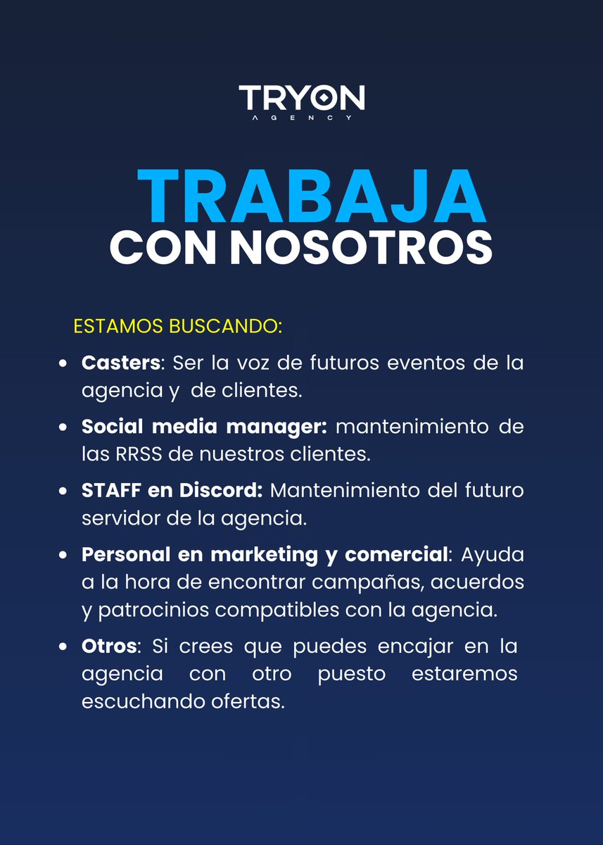 Buscamos estos puestos para @TryonAgencia. Si creéis que podéis ayudar de otra manera soy todo oídos, va a ser un año con mucho trabajo y muchas metas por conseguir ⚡

Interesados me podéis escribir un mensaje privado.