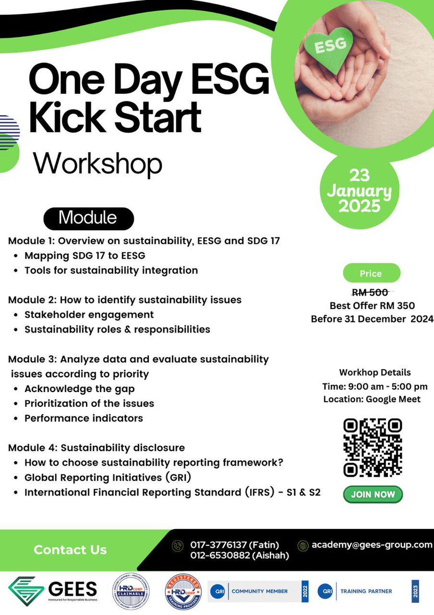 hsegroupMY's tweet photo. 🌟 Kickstart Your ESG Journey in 2025! 🌟
Join our One Day ESG Kick Start Workshop and gain practical tools to integrate sustainability into your business!

💥 Special Early Bird Price: Only RM 350!
👉 Register by 31 December 2024 to save RM 150!
🏷️ Regular Price: RM 500 https://t.co/E678nVG5wx