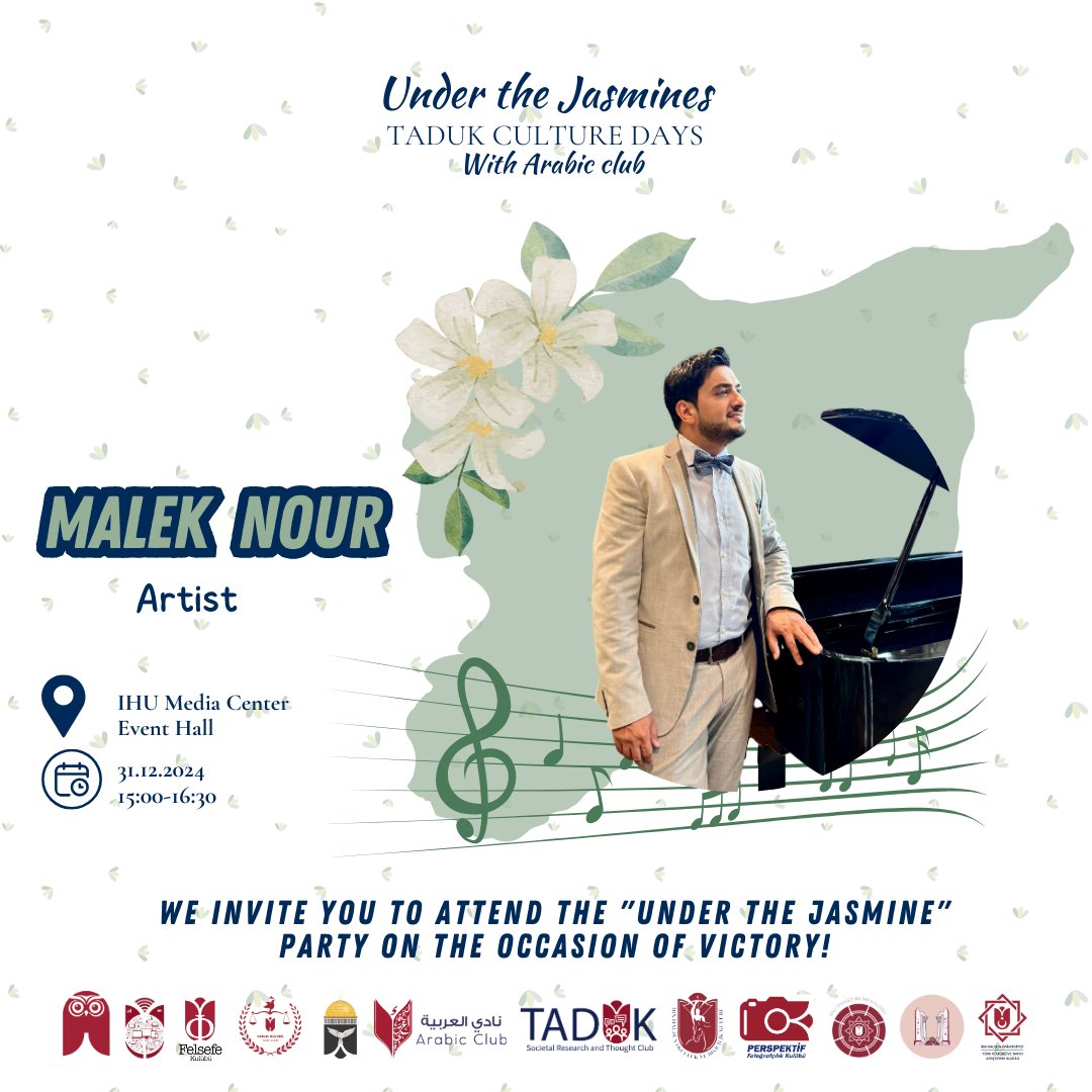 Kıymetli sanatçımız Malek Nour, zafer vesilesiyle "Yaseminlerin Gölgesinde" bizlerle olacak. Eserlerini bu güzel kutlamada dinleme fırsatı bulacağız.

Programımıza hepinizi bekleriz!